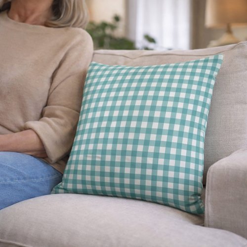 Teal and White Gingham Pattern Throw Pillow