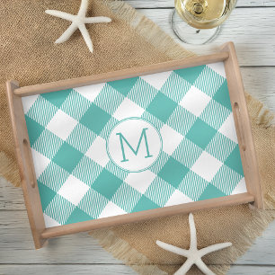 Teal and White Gingham Plaid Monogram Serving Tray