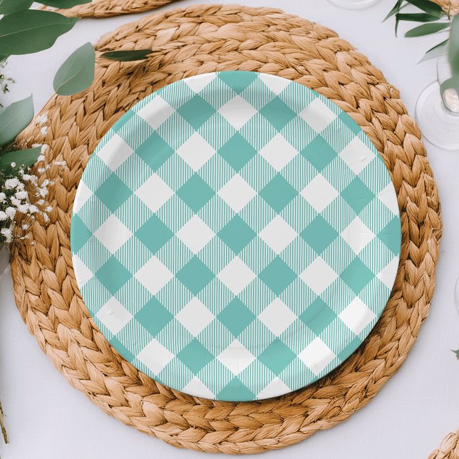 Teal and White Gingham Plaid Paper Plates (Creator Uploaded)