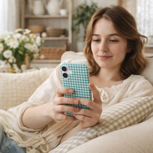 Teal and White Gingham Plaid Pattern iPhone 16 Case