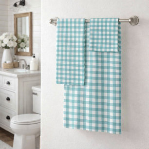 Teal and White Gingham Plaid Pattern Checkered Bath Towel Set