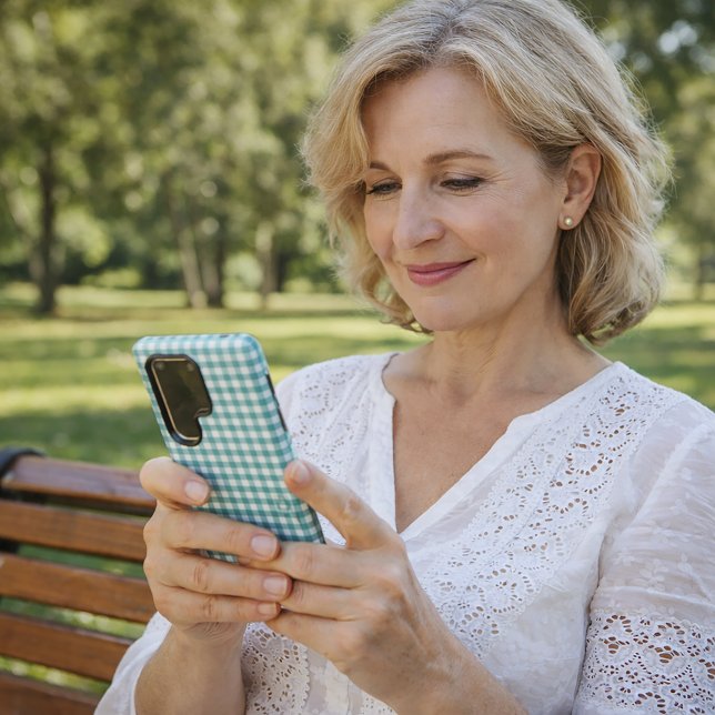 Teal and White Gingham Plaid Pattern Checkered  Samsung Galaxy Case (A phone case with a gingham plaid pattern done in teal and white.)