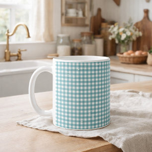 Teal and White Gingham Plaid Pattern Cottagecore Coffee Mug