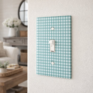 Teal and White Gingham Plaid Pattern Farmhouse Light Switch Cover