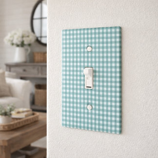 Teal and White Gingham Plaid Pattern Farmhouse Light Switch Cover