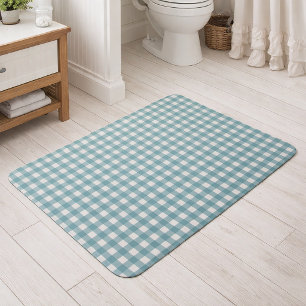 Teal and White Gingham Plaid Pattern Minimal Bath Mat