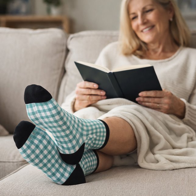 Teal and White Gingham Plaid Pattern Minimal Socks (A pair of socks with a teal and white gingham plaid pattern
)