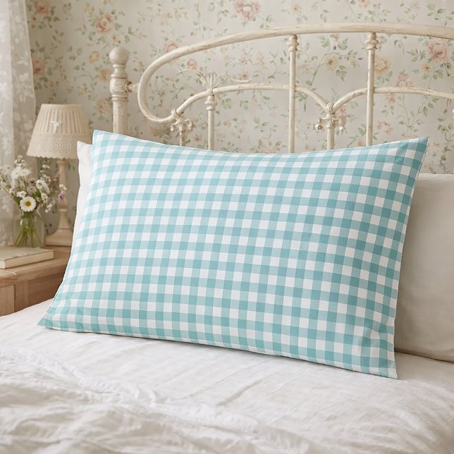 Teal and White Gingham Plaid Pattern Pillow Case (A pillow case with a teal and white gingham plaid pattern)
