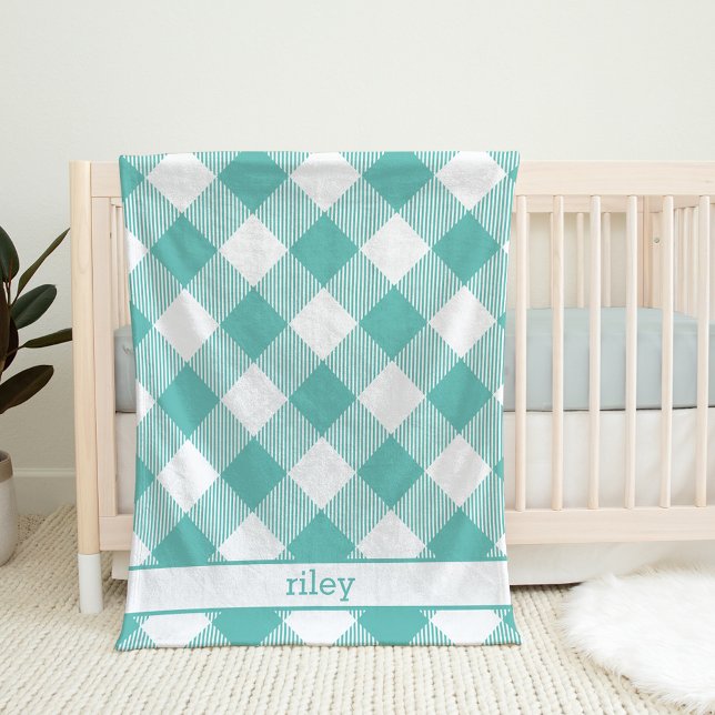 Teal and White Gingham Plaid Personalized Fleece Blanket (Creator Uploaded)