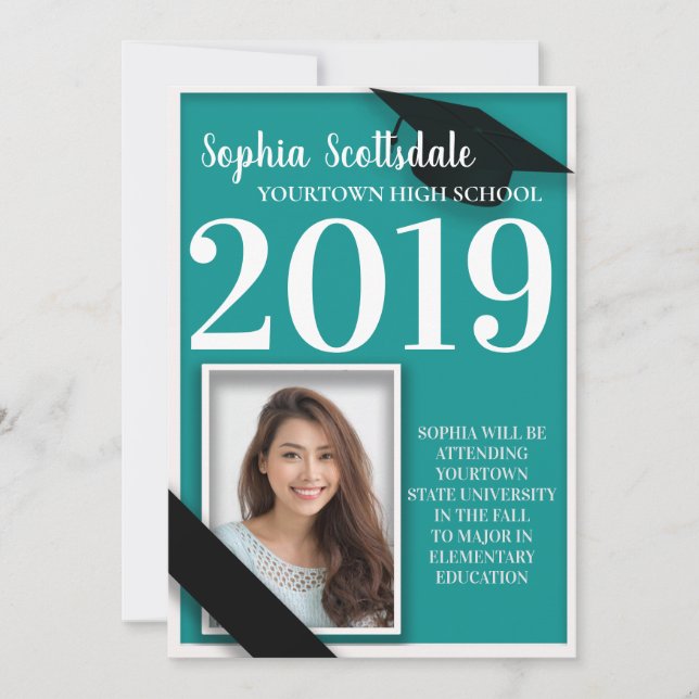 Teal and White Graduation Photo Announcement (Front)