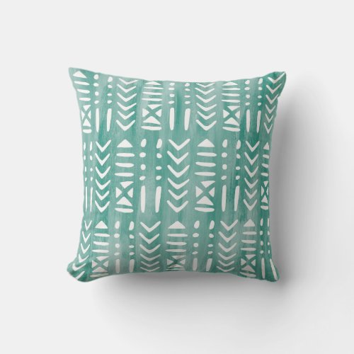 Teal and White Hand Drawn Mud Cloth Throw Pillow