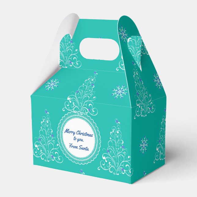 Teal and White Holiday Gable Favor Gift Box (Front Side)