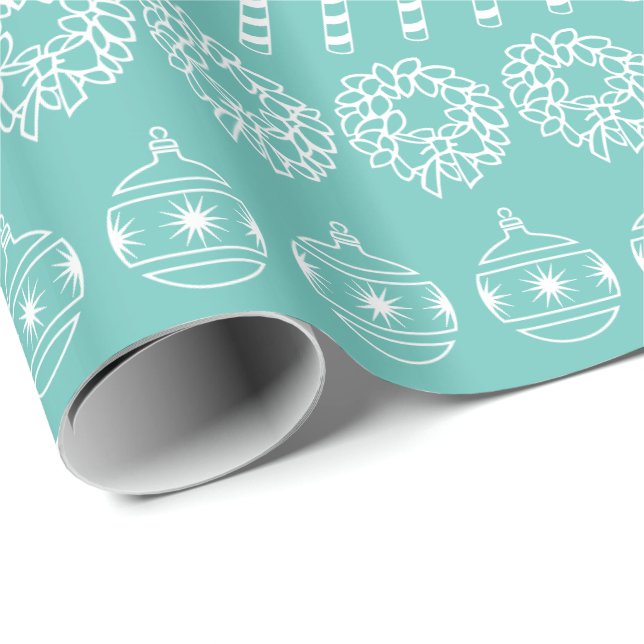 Teal and White Iconic Christmas Pattern Wrapping Paper (Roll Corner)