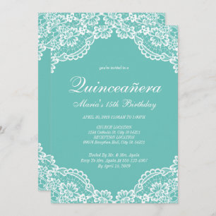 Teal and White Lace Quinceanera, Invitations