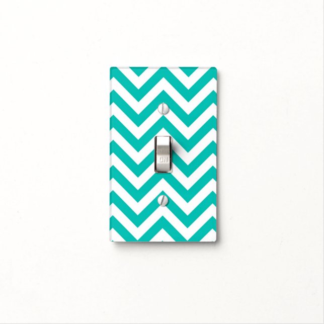 Teal and White Large Chevron ZigZag Pattern Light Switch Cover (In Situ)
