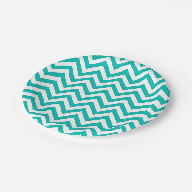 Teal and White Large Chevron ZigZag Pattern Paper Plates (Angled)