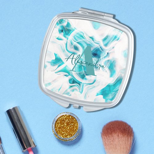 Teal and White Liquid Paint Swirls Abstract Chic  Compact Mirror