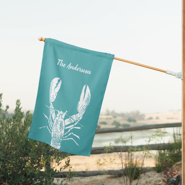 Teal and White Lobster Fish Personalized House Flag (Insitu (Back))