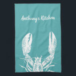 Teal and White Lobster, Nautical Personalized Kitchen Towel<br><div class="desc">With it's illustration of a lobster in white and its teal colored background this kitchen towel has a nautical look that's perfect for beach homes or for fans of seafood. This towel is ready to be personalized with your own text in white script or cursive style writing.</div>