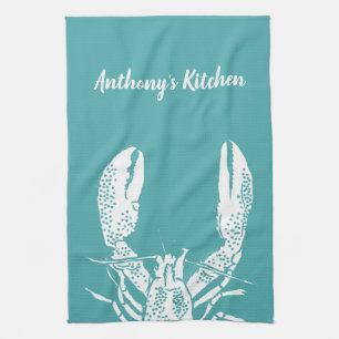 Teal and White Lobster, Nautical Personalized Kitchen Towel
