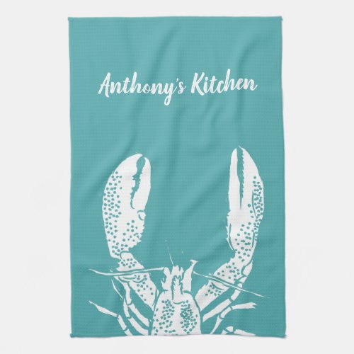 Teal and White Lobster Nautical Personalized Kitchen Towel