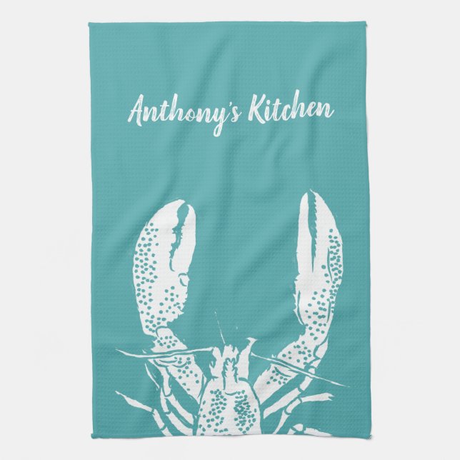 Teal and White Lobster, Nautical Personalized Kitchen Towel (Vertical)