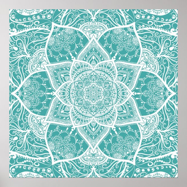 Teal and White Mandala - Loergann in Blue Spruce Poster (Front)