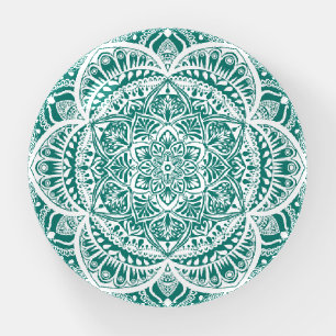 Teal and White Mandala - Loergann in Eucalyptus Paperweight