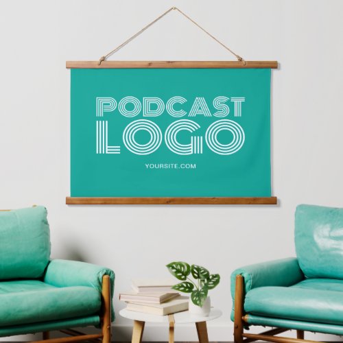 Teal and White Modern Podcast Logo Hanging Tapestry