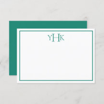 Teal and White Monogrammed Flat Note Card