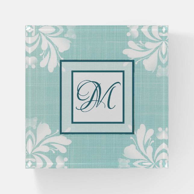Teal and White Monogrammed Paperweight (Front)
