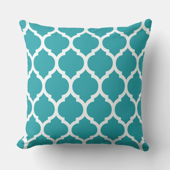 Teal and White Moroccan Quatrefoil Pattern Throw Pillow (Front)