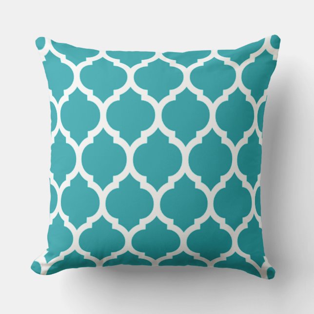 Teal and White Moroccan Quatrefoil Pattern Throw Pillow (Front)