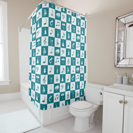 Teal and white music notes and instruments shower curtain