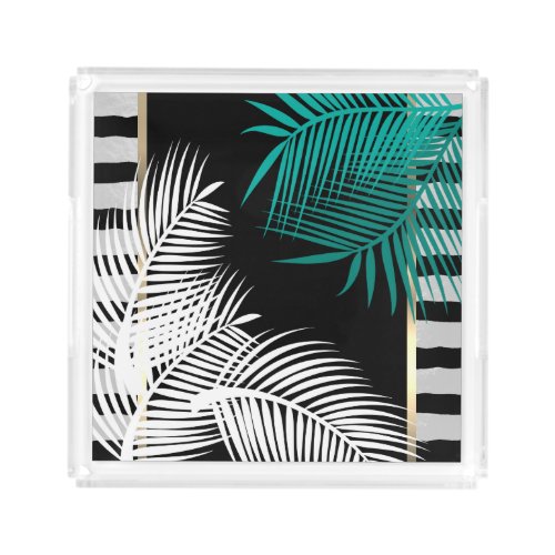 Teal and White Palm Leaves Acrylic Tray