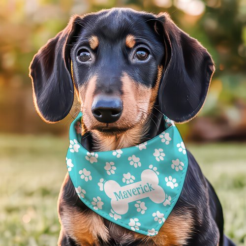 Teal And White Paw Print Dog Bone Custom Name Pet Bandana Collar