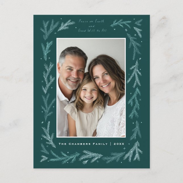 Teal and White Peace on Earth and Good will to All Holiday Postcard (Front)