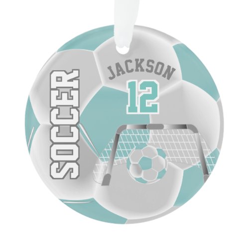 Teal and White Personalize ⚽ Soccer Ball Ornament