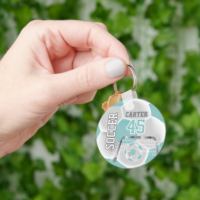 Teal and White Personalize Soccer ⚽💖 Keychain (Hand)