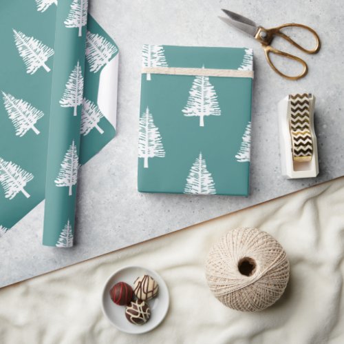 Teal and White Pine Trees Christmas Wrapping Paper