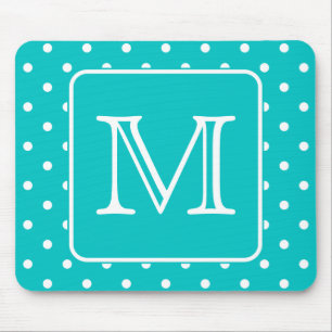 Teal and White Polka Dot Pattern. Custom Monogram. Mouse Pad
