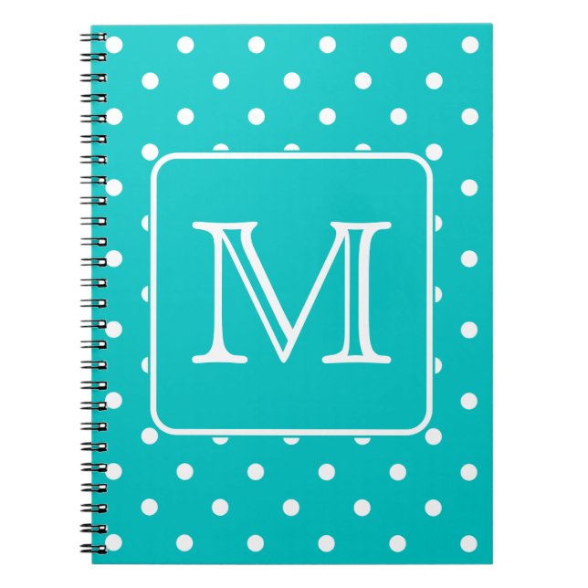 Teal and White Polka Dot Pattern. Custom Monogram. Notebook (Front)