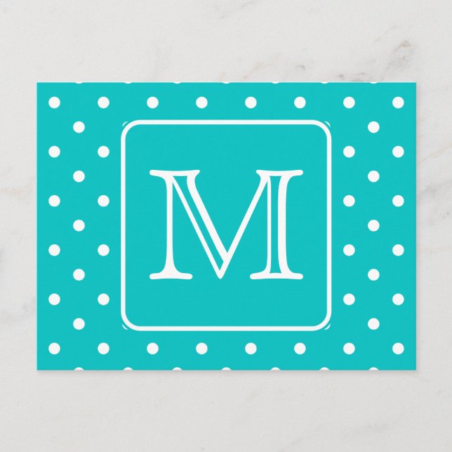 Teal and White Polka Dot Pattern. Custom Monogram. Postcard (Front)