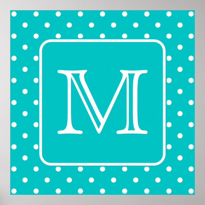 Teal and White Polka Dot Pattern. Custom Monogram. Print