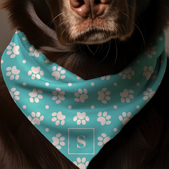Teal And White Polka Dot Paw Print Monogram Dog Bandana (Creator Uploaded)