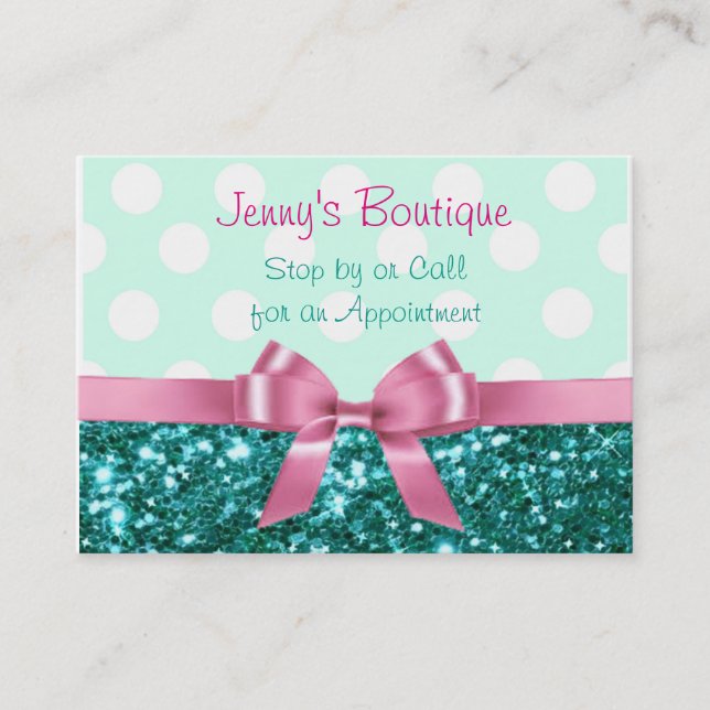 Teal and White Polka Dot with Pink Bow & Glitter Business Card (Front)