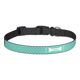 Teal And White Polka Dots With Bone &amp; Name Pet Collar