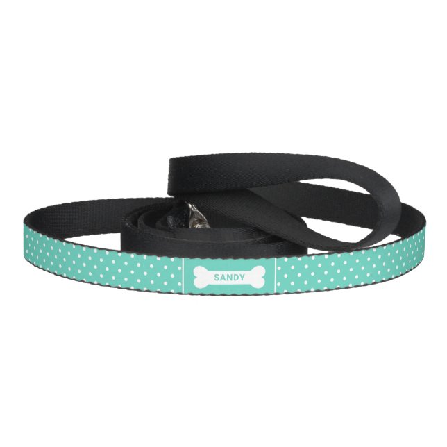 Teal And White Polka Dots With Bone & Name Pet Leash (Handle)