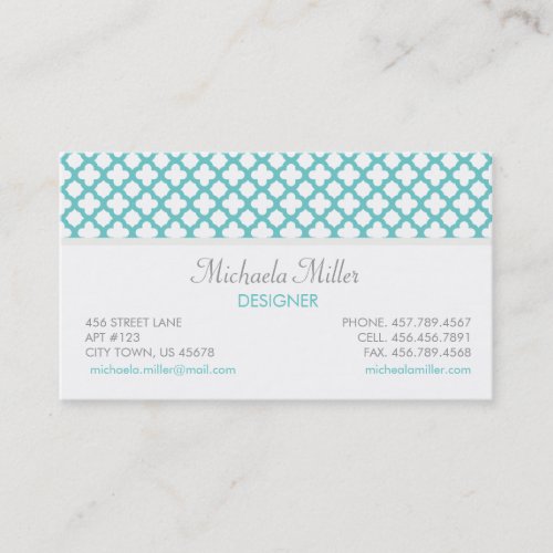 Teal and White Quatrefoil Pattern Business Card Template