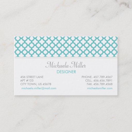 Customizable Teal and White Quatrefoil Pattern Business Card Template